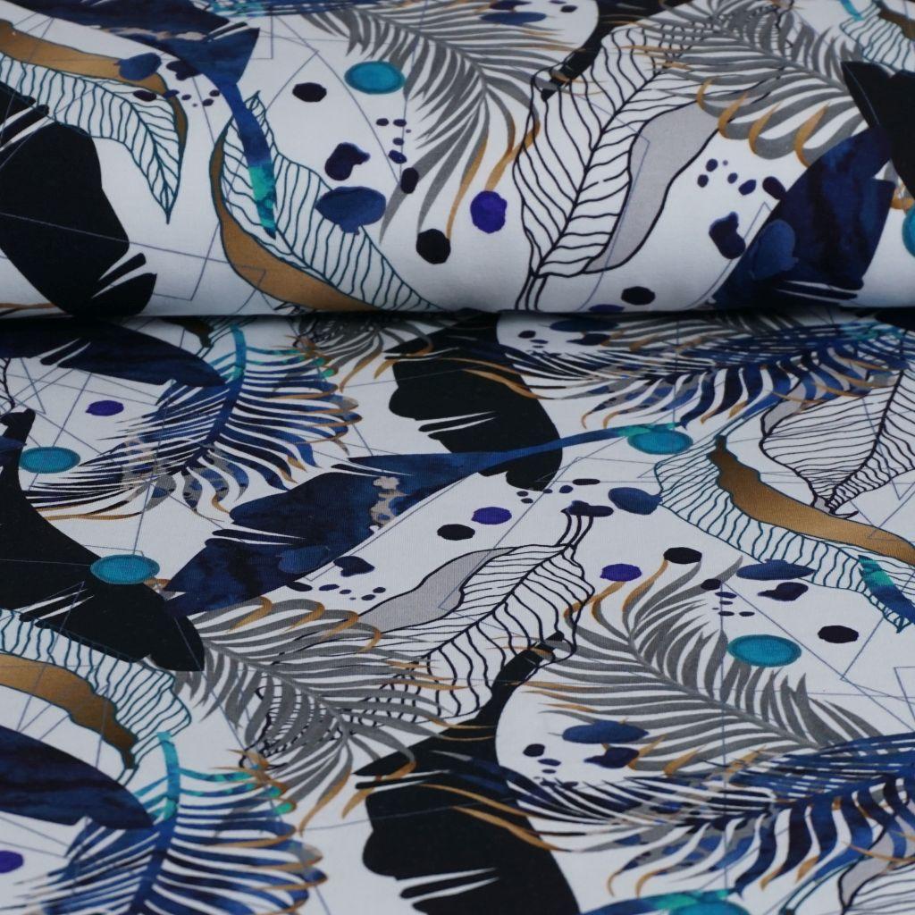 Preview: Stretch-Sweat Federn und Blätter indigo weiß